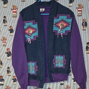 Vintage 80s 90s  Denim Aztec Beaded Cardigan Made in USA Size Xl purple Upcycled